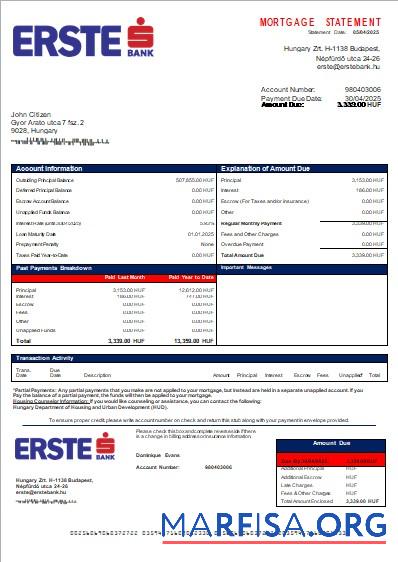 Downloadable Hungary Erste bank mortgage statement scr sample